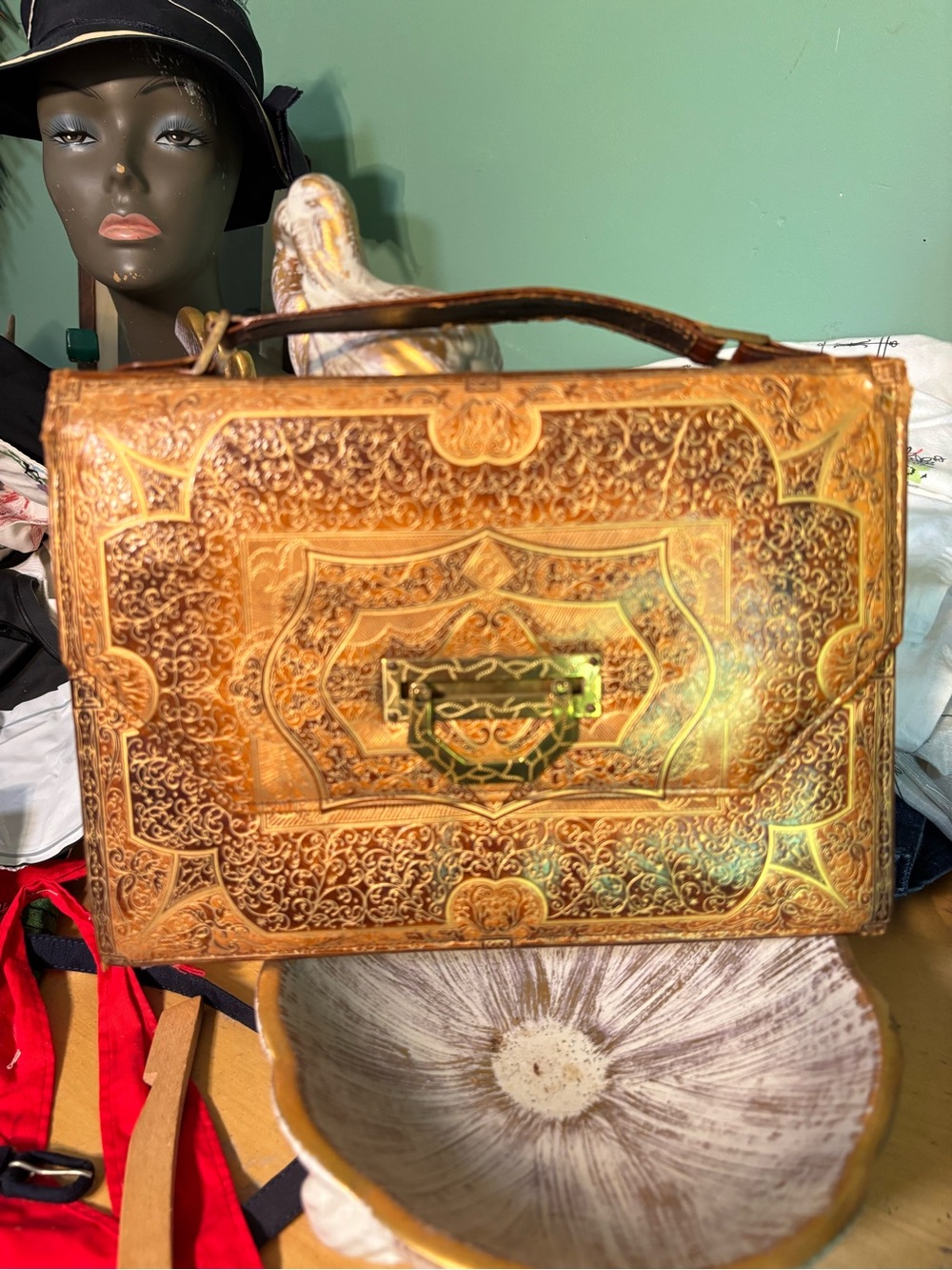 Vintage 1940’s Embossed Tan Leather Top-Handle Bag